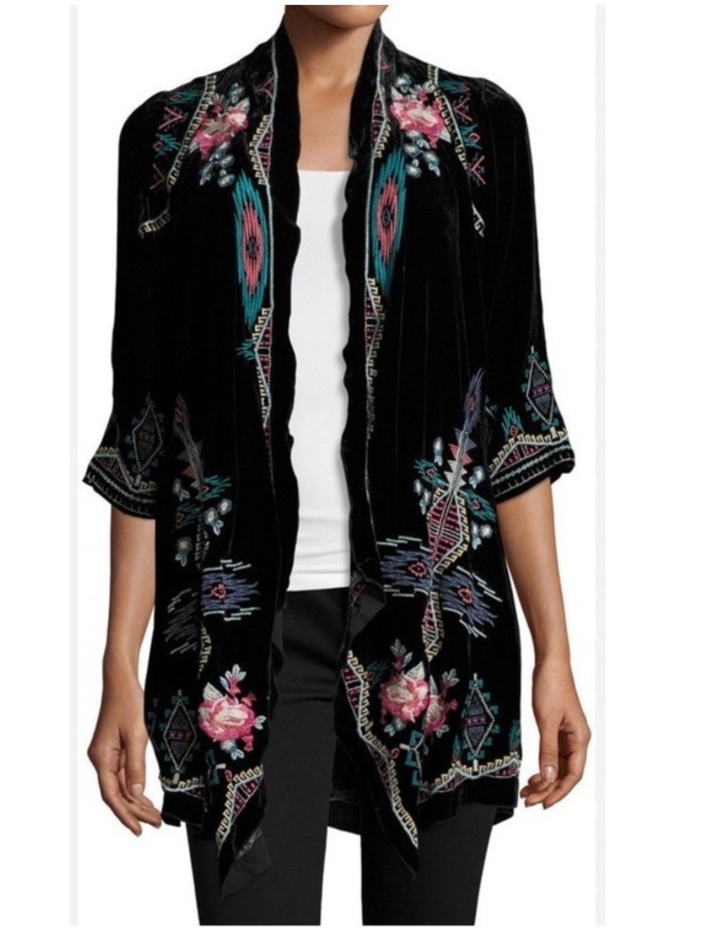 JOHNNY WAS Aveza Black Velvet Embroidered Kimono Jacket Plus Size 2X